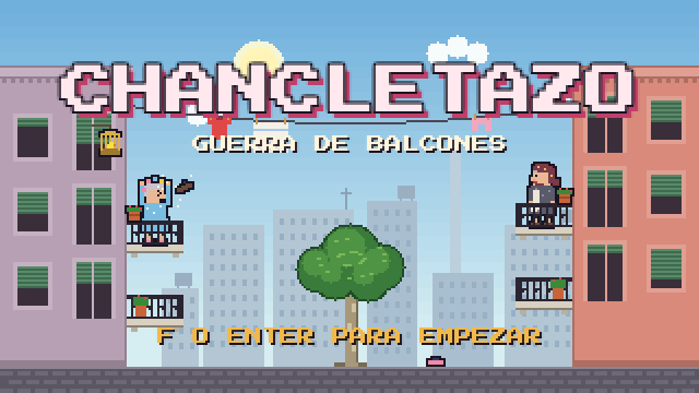 Pantalla de título de Chancletazo: dos abuelas en balcones enfrentados de un pasaje porteño, una con ruleros tirándole una chancleta a la otra, con un árbol y ropa tendida en el medio