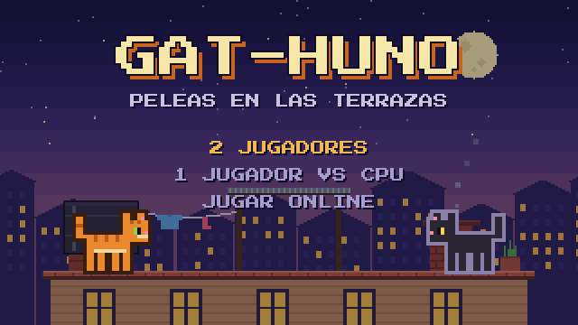 Pantalla de título de Gat-Huno: un gato naranja y uno negro frente a frente en una terraza de noche