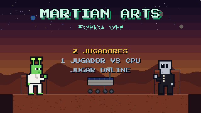 Pantalla de título de Martian Arts: un marciano verde con gi de karate y un gris con traje de kung fu en un cráter de Marte