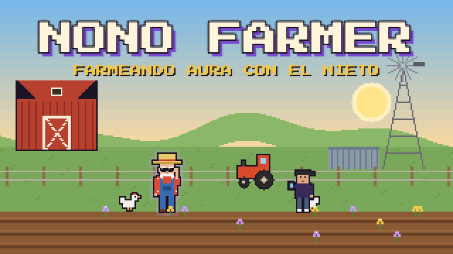 Pantalla de título de Nono Farmer: en una chacra con galpón rojo, tractor y molino, un nono de mameluco, sombrero de paja y anteojos de sol brilla con aura violeta, mientras el nieto lo mira con el celular en la mano