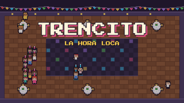 Pantalla de título de Trencito: un salón de fiesta con mesas redondas, banderines y una pista de baile con luces, donde dos trencitos de invitados con gorritos de cotillón, uno rosa y uno celeste, bailan entre las mesas
